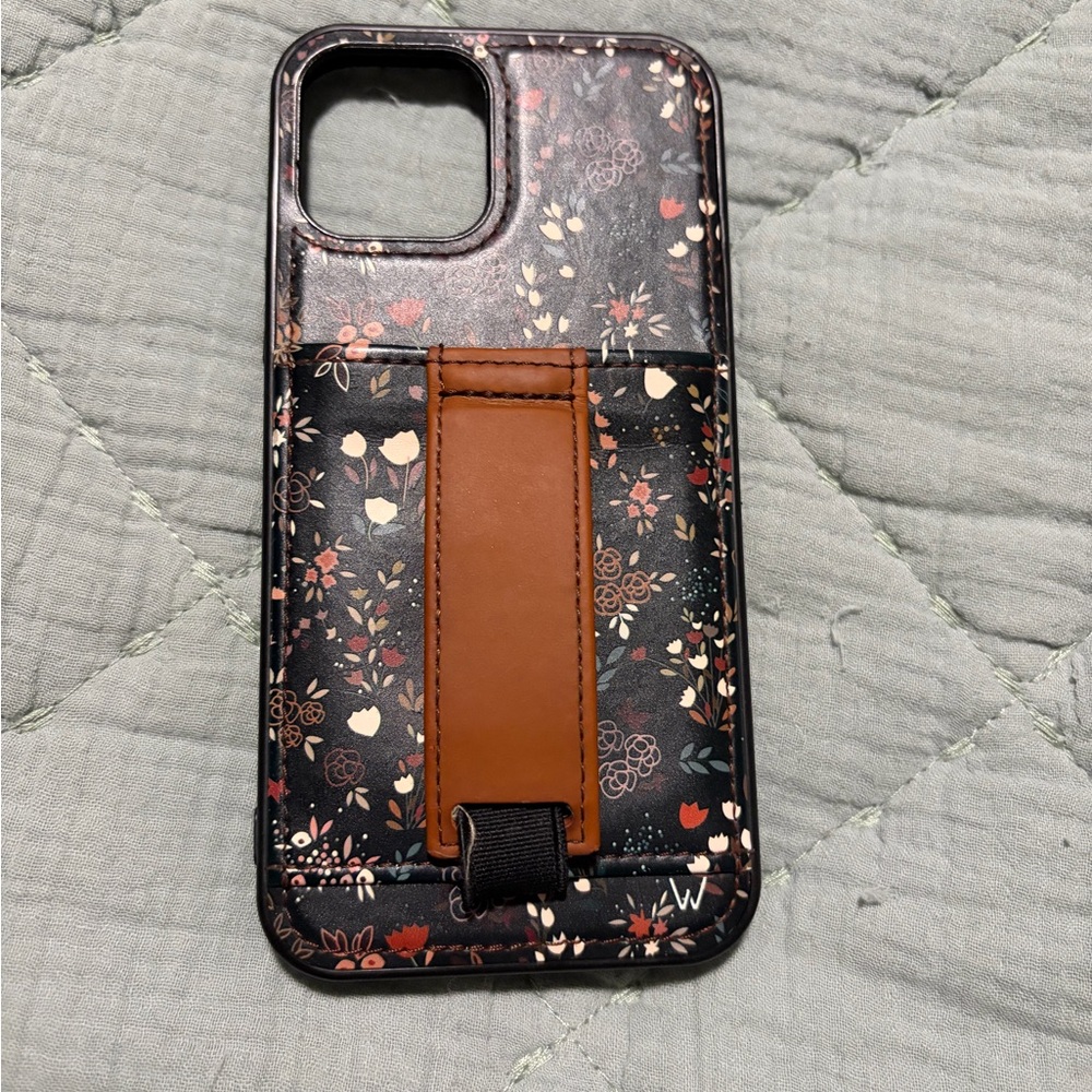 Elegant Black Floral Phone Case with Brown Strap